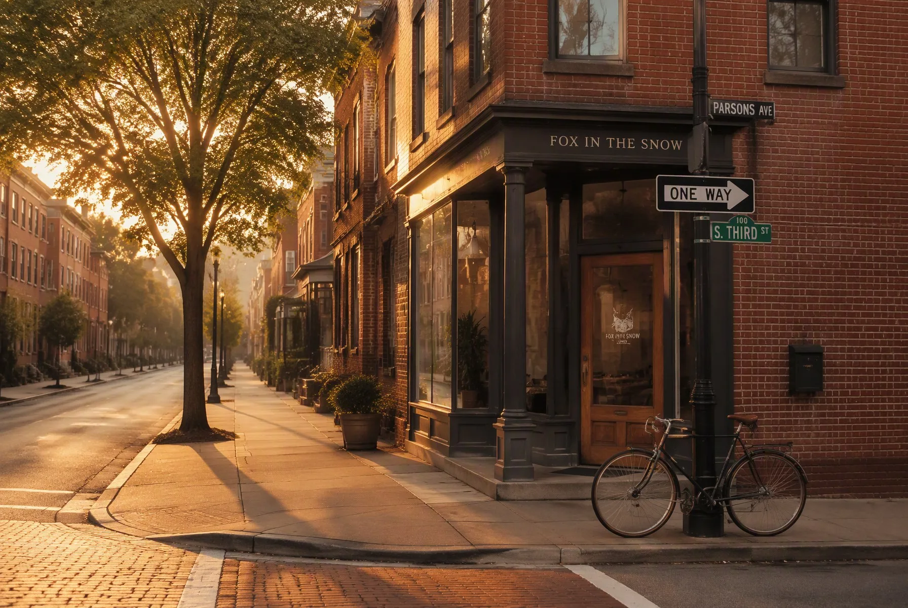 A quiet Upper Arlington street corner at golden hour: brick facades and warm light